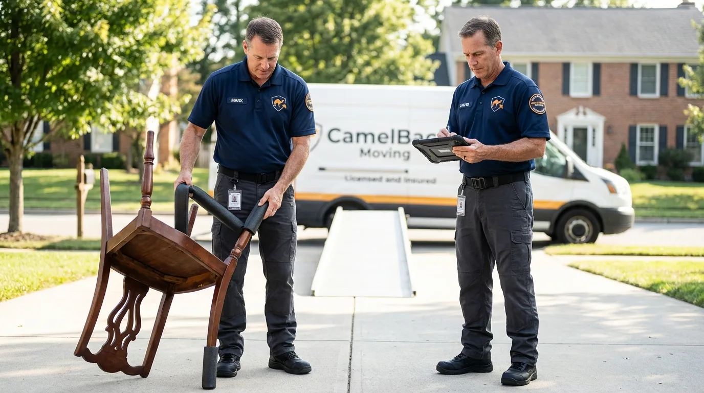 Movers inspecting furniture for damage prevention before loading in Birdsboro, PA