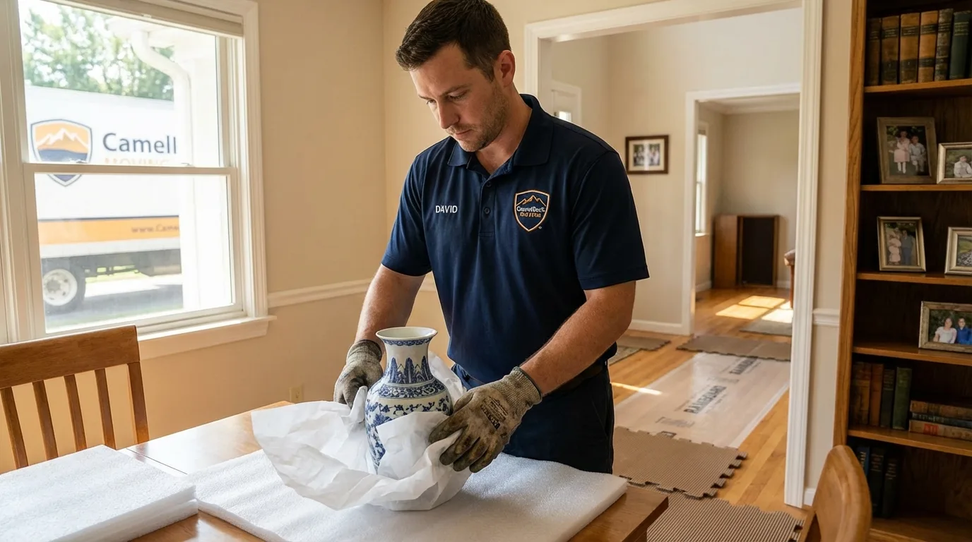 Professional crew carefully wrapping antique vase for senior downsizing move in Birdsboro, PA